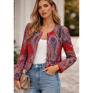 Claudie Pierlot Paisley Quilted Jacket Size 40 Red Multi Print Cropped EUC